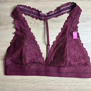 Victoria’s Secret pink Burgundy Bra Size small Lace Bralette T-back
